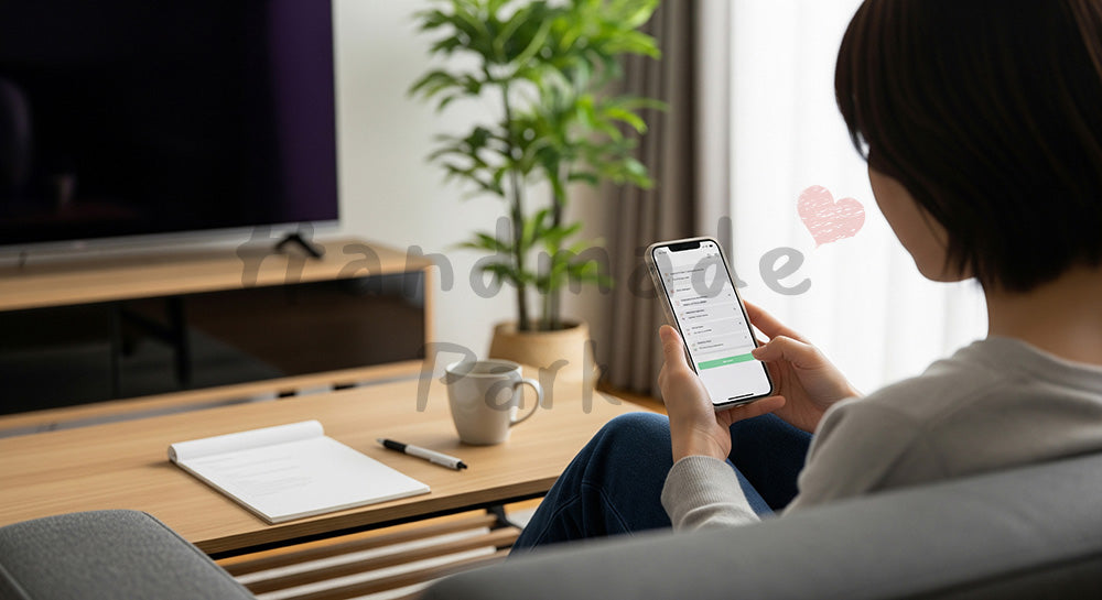 フリー素材 無料 写真｜スマホで買い物リストや予定を確認する日本人主婦のリビングシーン 写真背景