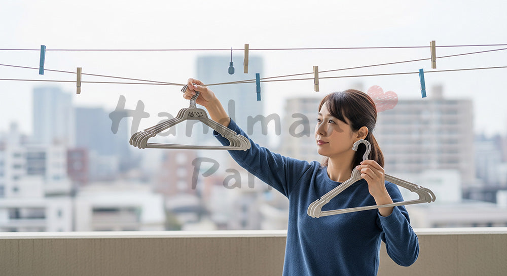 フリー素材 無料 写真｜ベランダで洗濯物を取り込んだあとハンガーを片づける日本人主婦 写真背景