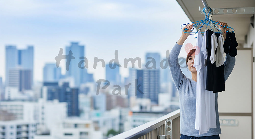 フリー素材 無料 写真｜ベランダで洗濯物を取り込んだあとハンガーを片づける日本人主婦
