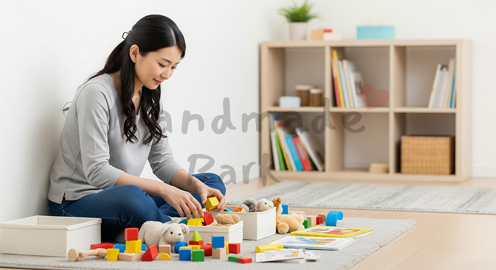 フリー素材 無料 写真｜子ども部屋のおもちゃを種類別に片づける日本人主婦の子育てシーン 余白あり