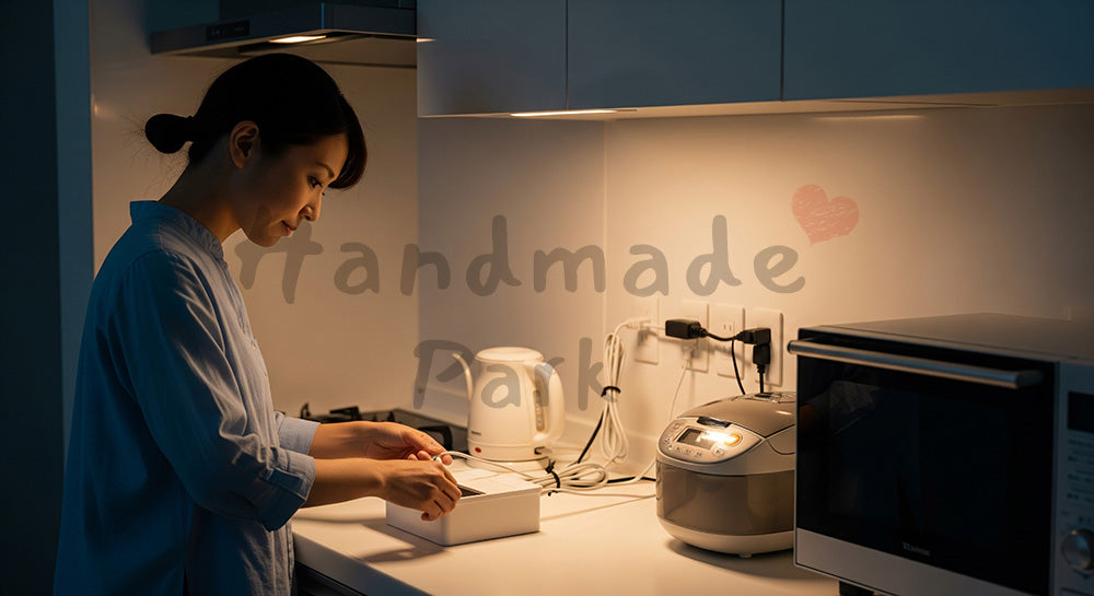 フリー素材 無料 写真｜キッチン家電のコードを整理し安全に配線管理する日本人主婦 写真背景
