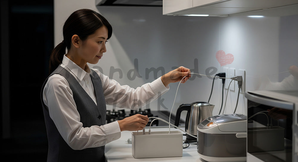 フリー素材 無料 写真｜キッチン家電のコードを整理し安全に配線管理する日本人主婦 背景素材