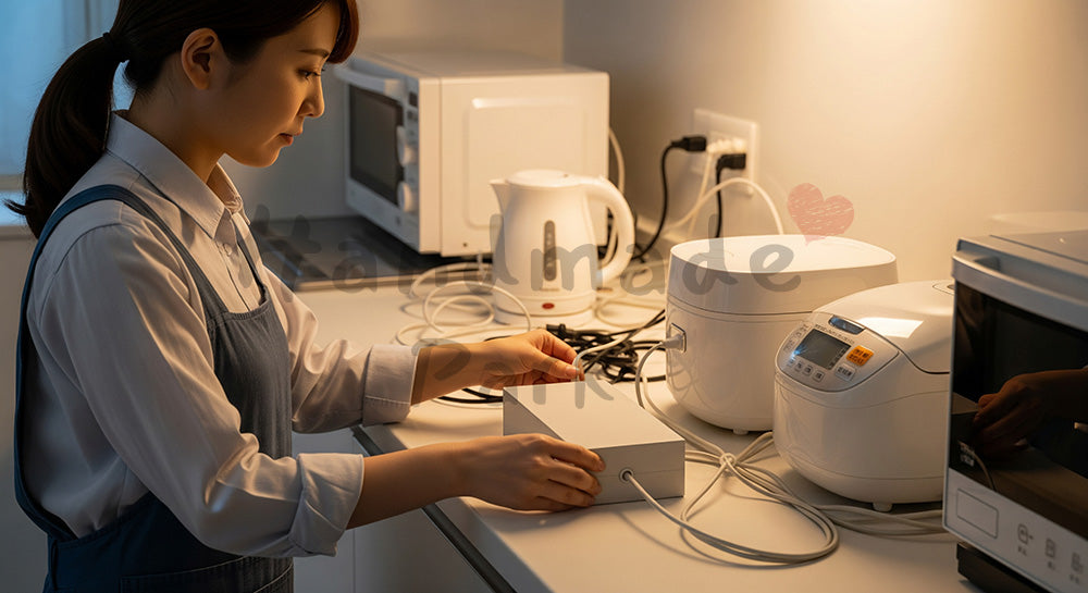 フリー素材 無料 写真｜キッチン家電のコードを整理し安全に配線管理する日本人主婦