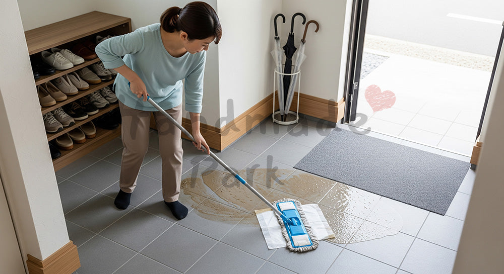 フリー素材 無料 写真｜玄関のたたきをウェットシートモップで掃除する日本人主婦の玄関ケア 背景素材