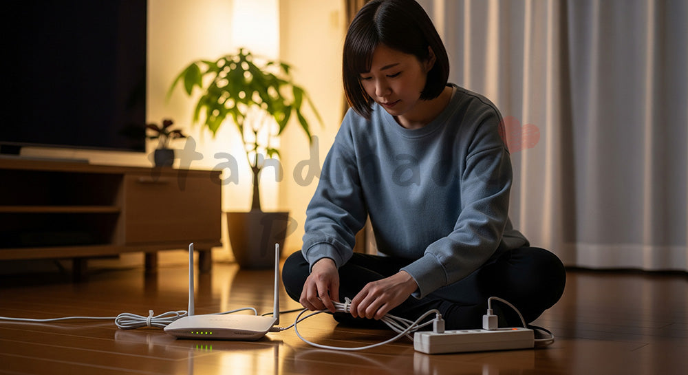 フリー素材 無料 写真｜Wi-Fiルーター周りのコードを整理する日本人主婦のデジタルライフ整備 余白あり