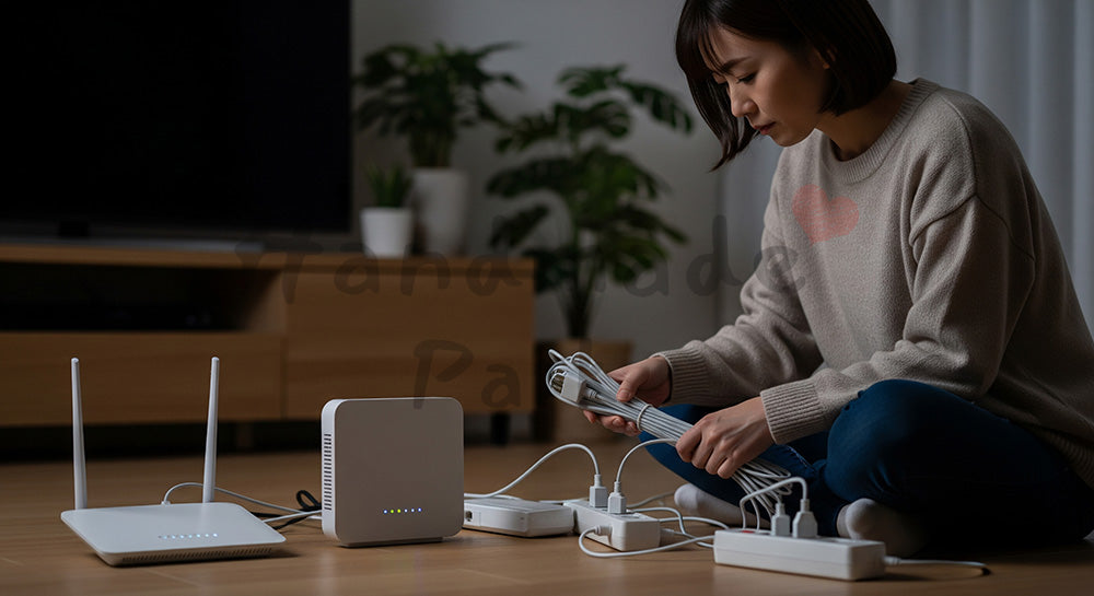 フリー素材 無料 写真｜Wi-Fiルーター周りのコードを整理する日本人主婦のデジタルライフ整備 写真背景