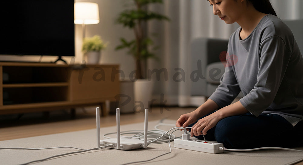 フリー素材 無料 写真｜Wi-Fiルーター周りのコードを整理する日本人主婦のデジタルライフ整備 背景素材