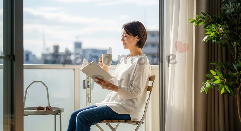 フリー素材 無料 写真｜ベランダで本とマグカップを手に外気浴を楽しむ日本人主婦の休日シーン