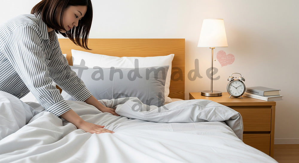 フリー素材 無料 写真｜寝室でシーツと枕を整える日本人主婦のベッドメイキングシーン