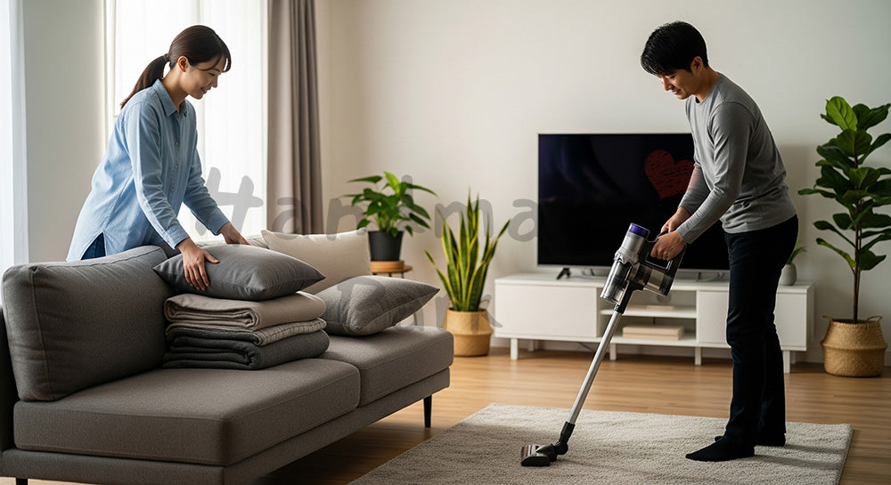 フリー素材 無料 写真｜夕方のリビングで夫婦が一緒に片づけと掃除をする日本人家庭の家事シェアシーン 写真背景