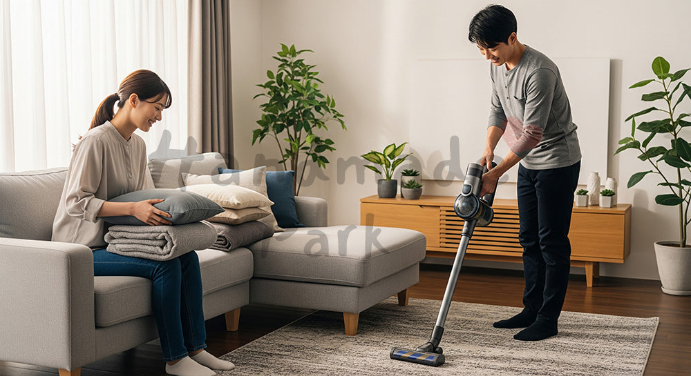 フリー素材 無料 写真｜夕方のリビングで夫婦が一緒に片づけと掃除をする日本人家庭の家事シェアシーン 背景素材
