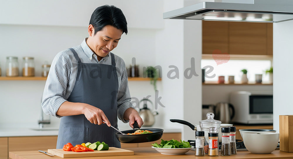フリー素材 無料 写真｜エプロン姿の日本人夫が夕食づくりをする共働き家庭のキッチンシーン 背景素材