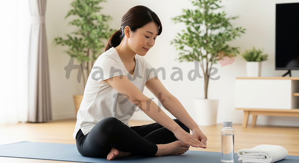 フリー素材 無料 写真｜リビングのヨガマットでストレッチをする日本人主婦のおうちフィットネス 写真背景