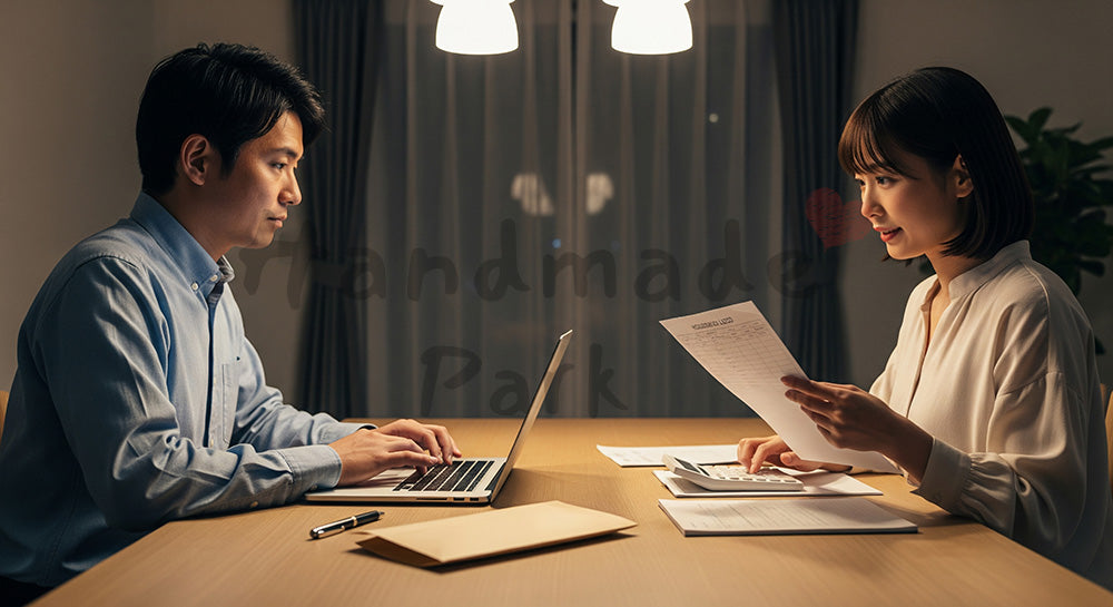 フリー素材 無料 写真｜ノートPCと家計簿を見ながら将来の貯蓄を話し合う日本人夫婦のマネープランシーン（表現2）