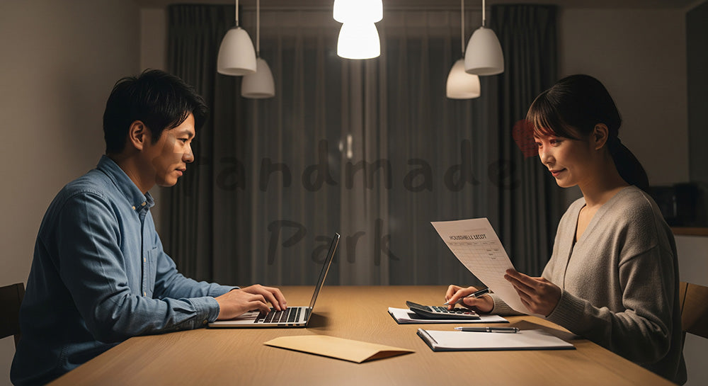 フリー素材 無料 写真｜ノートPCと家計簿を見ながら将来の貯蓄を話し合う日本人夫婦のマネープランシーン（表現1）