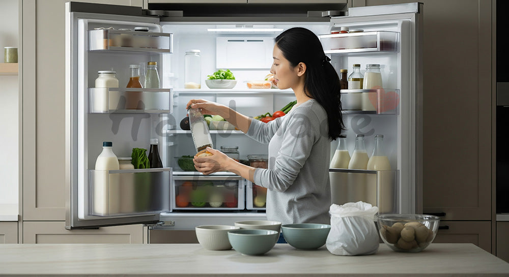 フリー素材 無料 写真｜冷蔵庫の中身を整理し食品ロスを防ぐ日本人主婦のキッチンシーン 写真背景