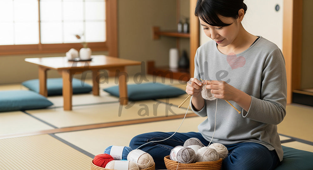 フリー素材 無料 写真｜床に座って毛糸小物を編む日本人主婦のハンドメイド時間（表現2）