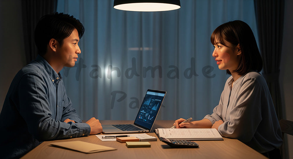 フリー素材 無料 写真｜ノートPCと家計簿を見ながら将来の貯蓄を話し合う日本人夫婦のマネープランシーン 余白あり