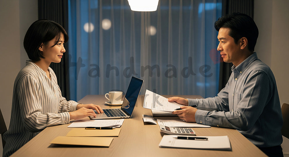 フリー素材 無料 写真｜ノートPCと家計簿を見ながら将来の貯蓄を話し合う日本人夫婦のマネープランシーン 背景素材