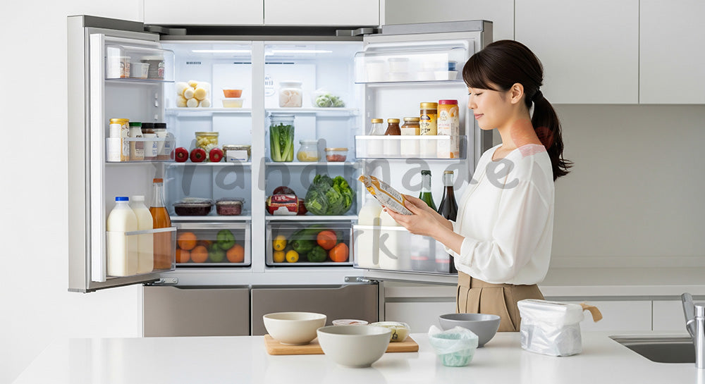 フリー素材 無料 写真｜冷蔵庫の中身を整理し食品ロスを防ぐ日本人主婦のキッチンシーン 背景素材