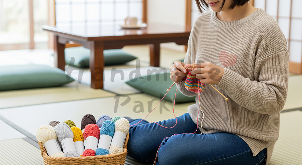 フリー素材 無料 写真|床に座って毛糸小物を編む日本人主婦のハンドメイド時間 写真背景