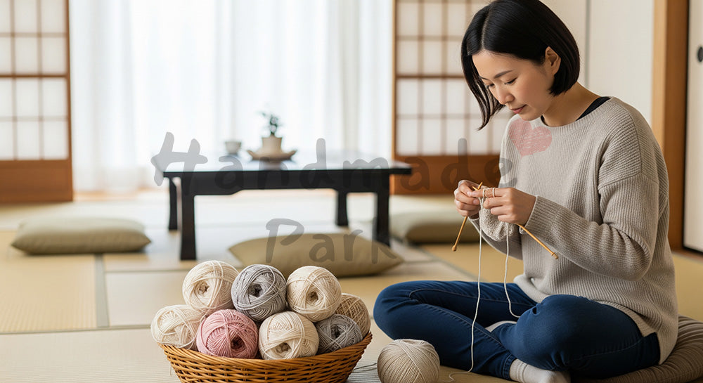 フリー素材 無料 写真|床に座って毛糸小物を編む日本人主婦のハンドメイド時間 背景素材