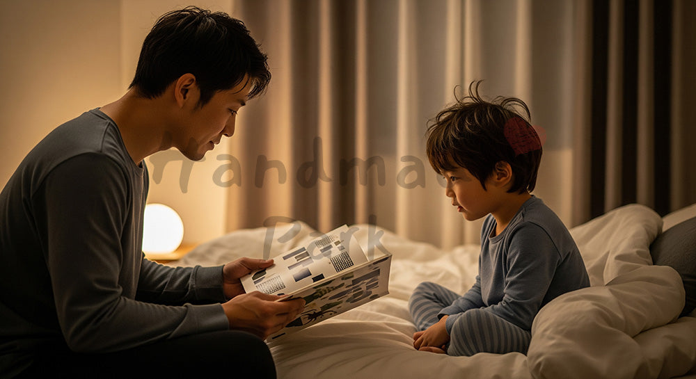 フリー素材 無料 写真｜寝る前に子どもへ絵本を読み聞かせる日本人父親の親子時間 余白あり