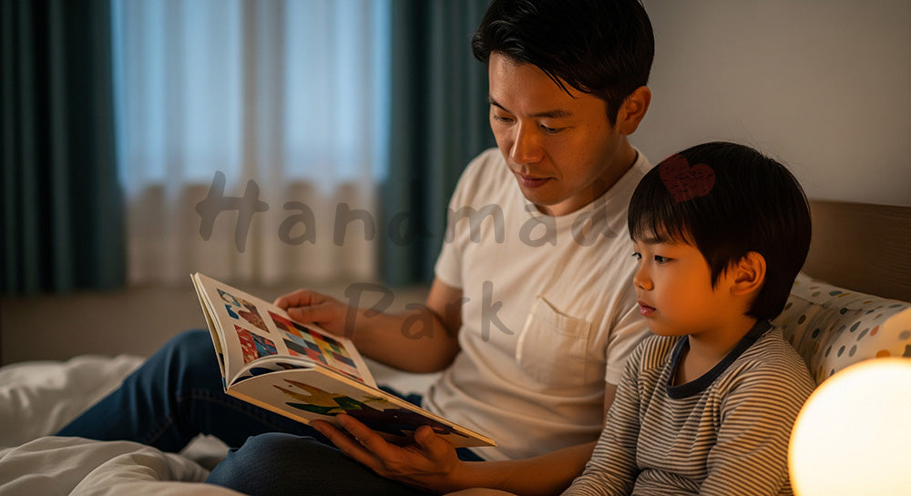 フリー素材 無料 写真｜寝る前に子どもへ絵本を読み聞かせる日本人父親の親子時間 写真背景