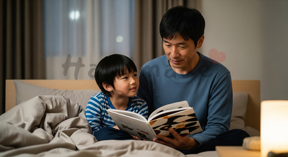 フリー素材 無料 写真｜寝る前に子どもへ絵本を読み聞かせる日本人父親の親子時間 背景素材