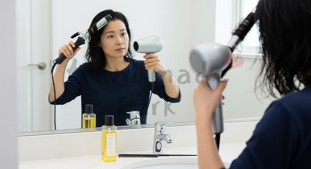 フリー素材 無料 写真｜洗面所でヘアアイロンとドライヤーを使い髪を整える日本人主婦の身支度シーン 余白あり