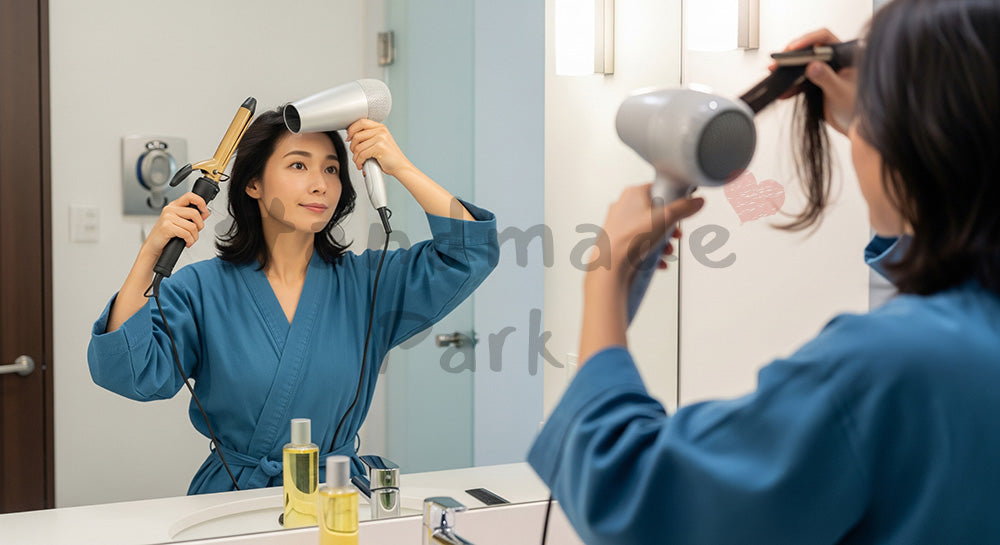 フリー素材 無料 写真｜洗面所でヘアアイロンとドライヤーを使い髪を整える日本人主婦の身支度シーン 写真背景