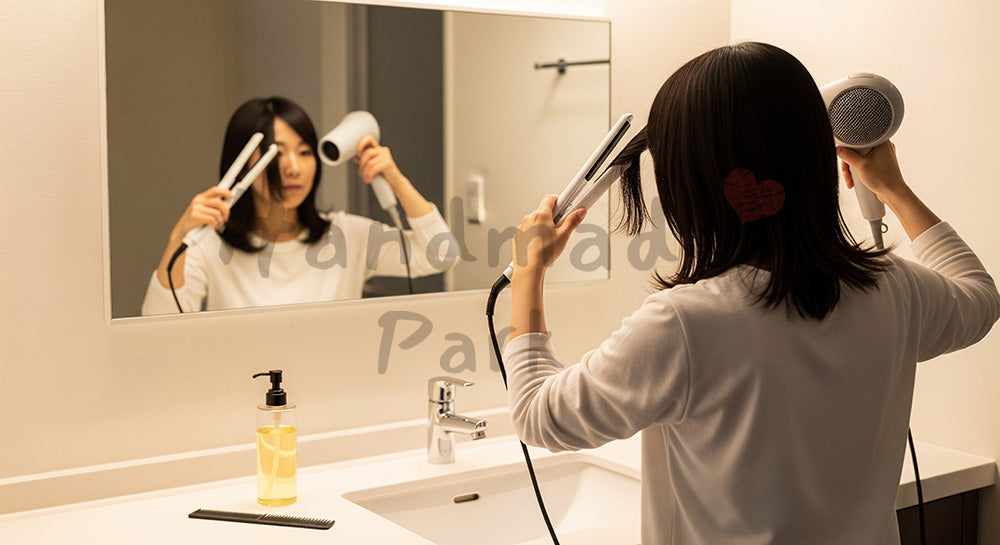 フリー素材 無料 写真｜洗面所でヘアアイロンとドライヤーを使い髪を整える日本人主婦の身支度シーン 背景素材