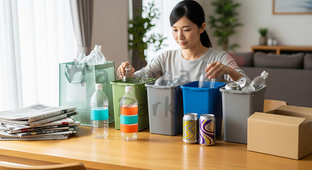 フリー素材 無料 写真｜ダイニングテーブルでごみ分別をする日本人主婦のエコライフシーン 余白あり
