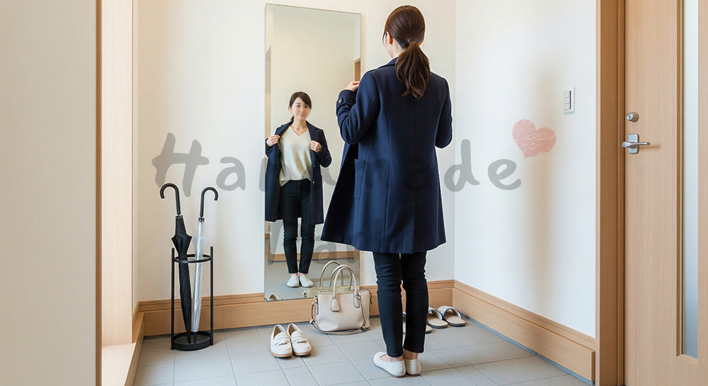フリー素材 無料 写真｜玄関の鏡でコート姿をチェックする日本人主婦の外出前シーン 余白あり