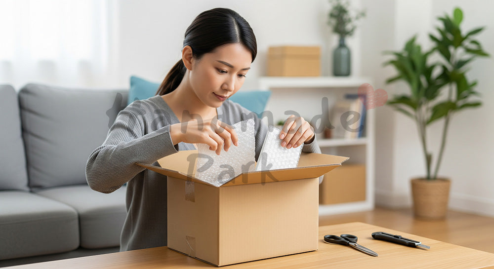 フリー素材 無料 写真｜宅配段ボールを開封してオンライン購入品を取り出す日本人主婦のリビングシーン 余白あり