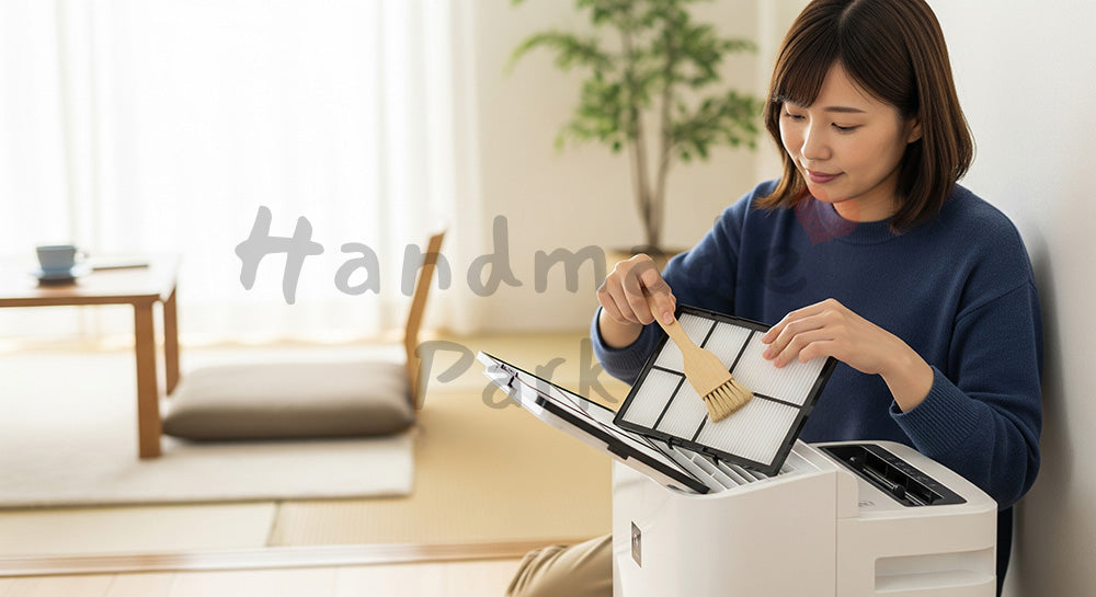フリー素材 無料 写真｜空気清浄機フィルターのほこりをブラシで掃除する日本人主婦 写真背景