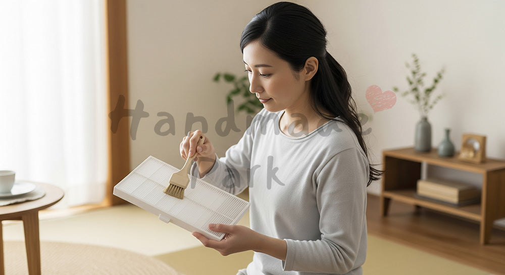 フリー素材 無料 写真｜空気清浄機フィルターのほこりをブラシで掃除する日本人主婦 背景素材