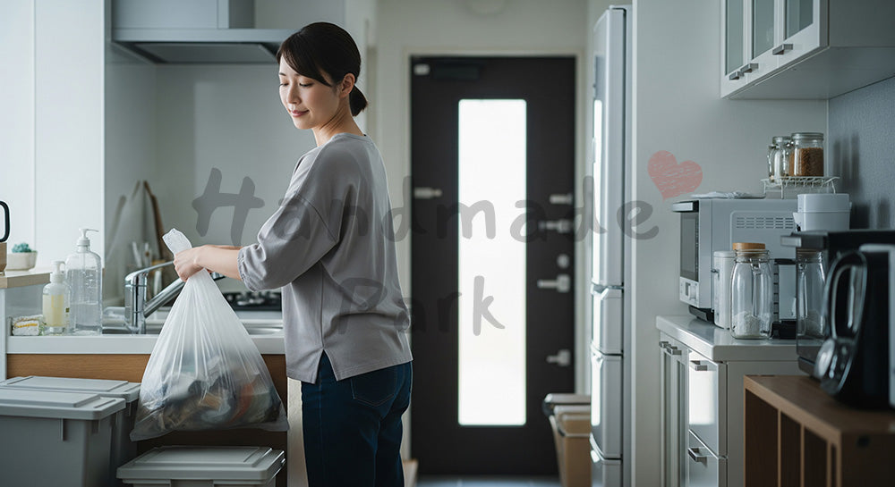 フリー素材 無料 写真｜キッチンでゴミ袋を結んで玄関へ運ぶ日本人主婦のゴミ出しシーン 背景素材