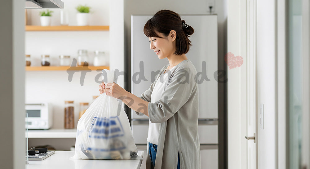 フリー素材 無料 写真｜キッチンでゴミ袋を結んで玄関へ運ぶ日本人主婦のゴミ出しシーン