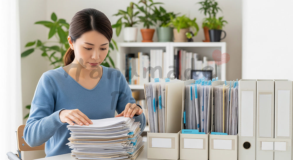 フリー素材 無料 写真｜書類をファイルボックスに仕分けする日本人主婦のデスク整理シーン 背景素材