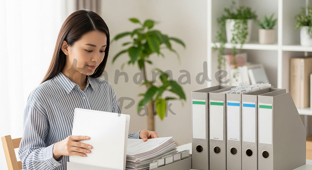 フリー素材 無料 写真｜書類をファイルボックスに仕分けする日本人主婦のデスク整理シーン