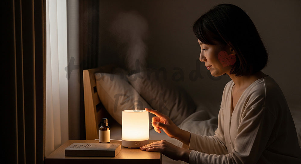 フリー素材 無料 写真｜アロマディフューザーをベッドサイドで使う日本人主婦のナイトルーティン 余白あり