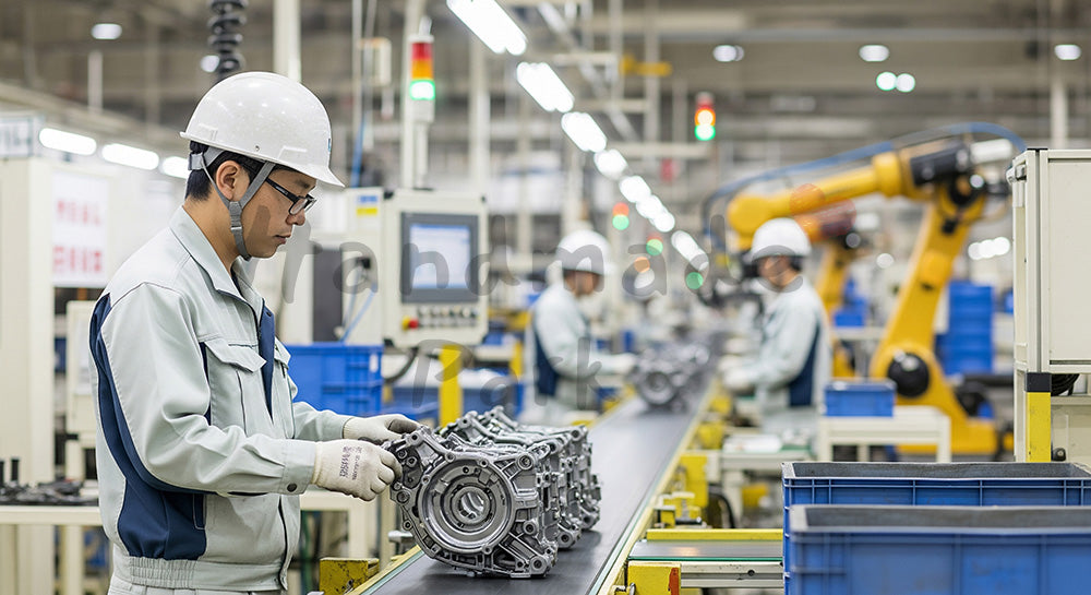 フリー素材 無料 写真｜自動車部品工場でコンベア上の金属部品を検査する日本人作業員 バックグラウンド素材 背景素材