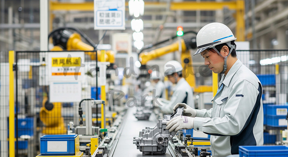 フリー素材 無料 写真｜自動車部品工場でコンベア上の金属部品を検査する日本人作業員 写真バックグラウンド 背景素材