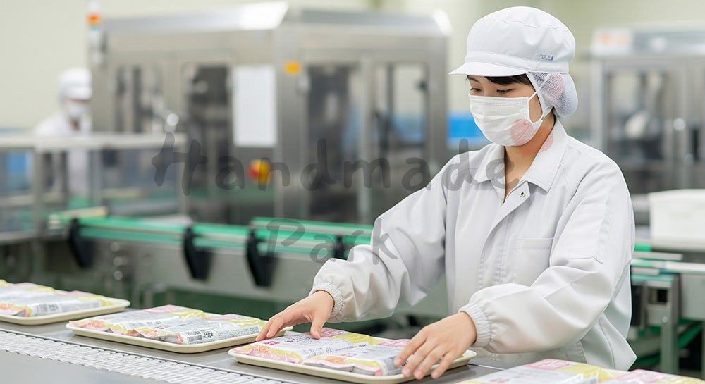 フリー素材 無料 写真｜食品工場でパック製品をトレーに並べる日本人女性作業員 バックグラウンド素材 背景素材