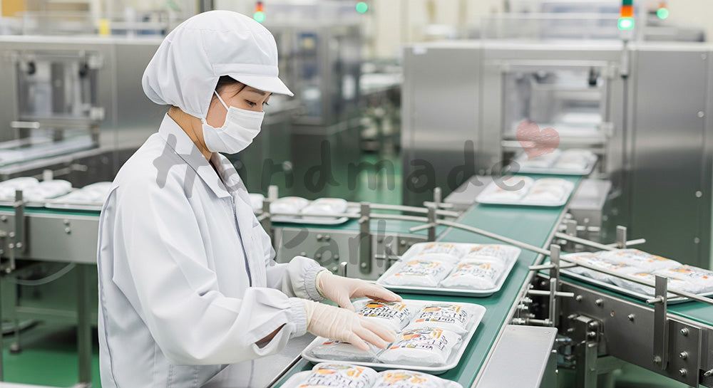 フリー素材 無料 写真｜食品工場でパック製品をトレーに並べる日本人女性作業員 写真バックグラウンド 背景素材