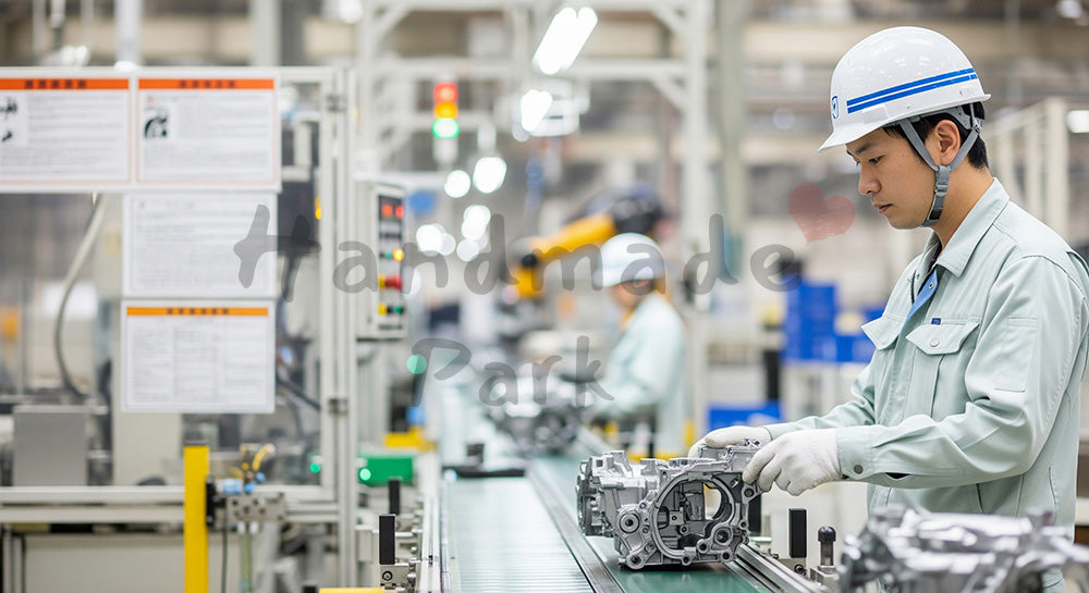 フリー素材 無料 写真｜自動車部品工場でコンベア上の金属部品を検査する日本人作業員 余白あり