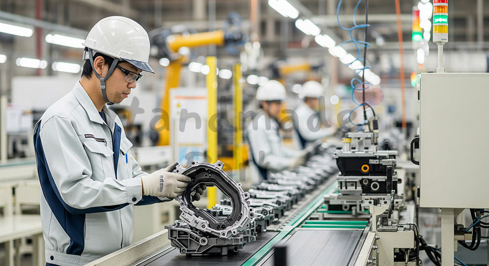 フリー素材 無料 写真｜自動車部品工場でコンベア上の金属部品を検査する日本人作業員 写真背景