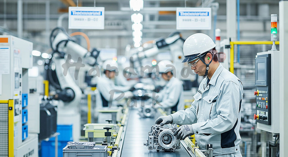 フリー素材 無料 写真｜自動車部品工場でコンベア上の金属部品を検査する日本人作業員 背景素材