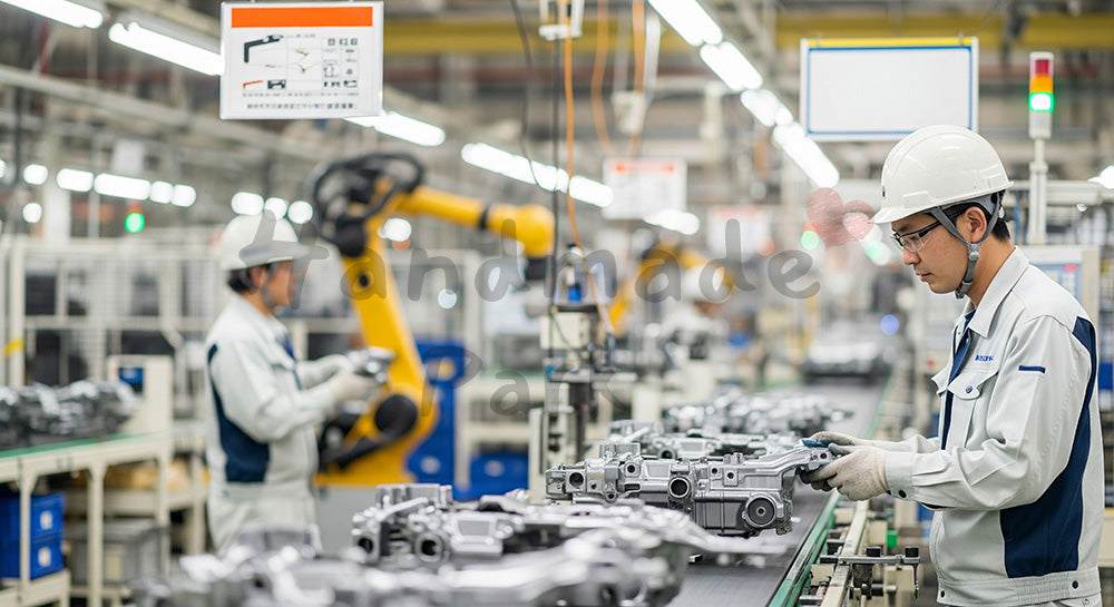 フリー素材 無料 写真｜自動車部品工場でコンベア上の金属部品を検査する日本人作業員